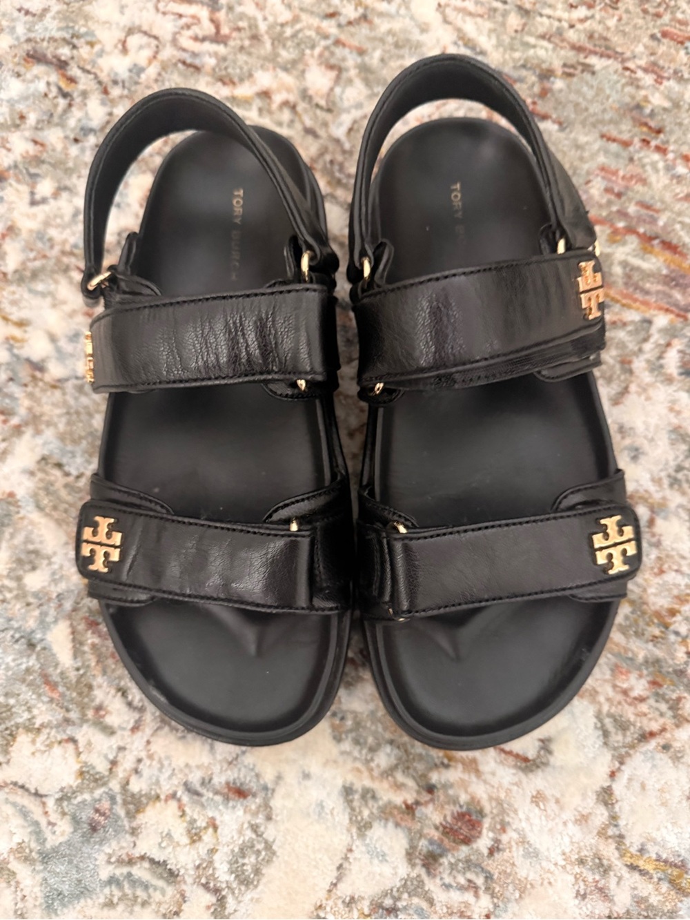 Tory Burch Black Leather Velcro Logo Sport Sandals